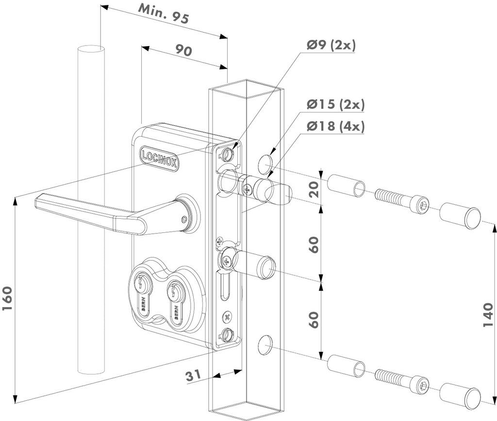 LOCINOX LDKZD1 DUBBEL CILINDERSLOT IN OPBOUW VOOR DRAAIPOORTEN